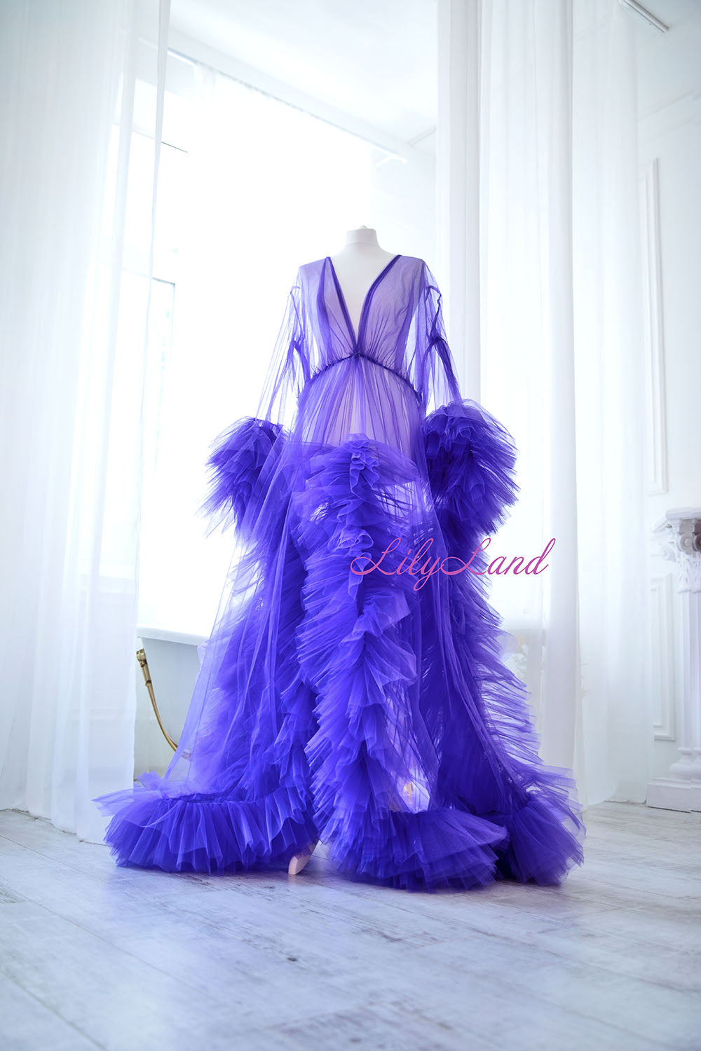 Robe for Maternity Photoshoot in Purple with Unusually Cut Train