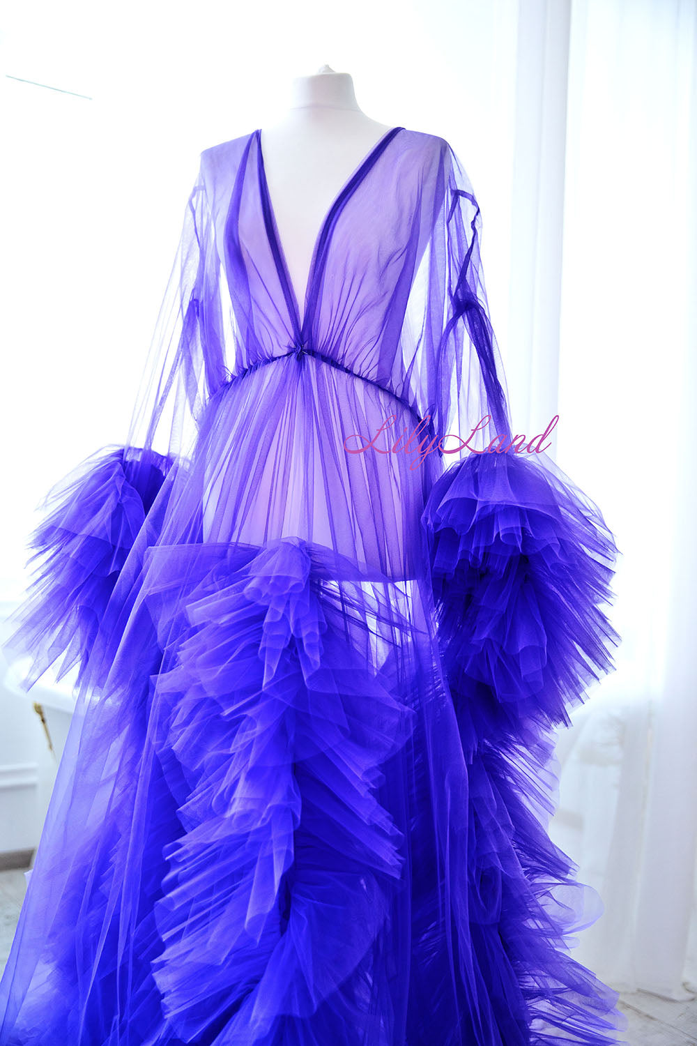 Robe for Maternity Photoshoot in Purple with Unusually Cut Train