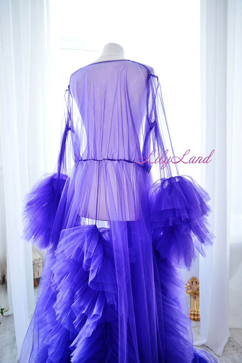 Robe for Maternity Photoshoot in Purple with Unusually Cut Train