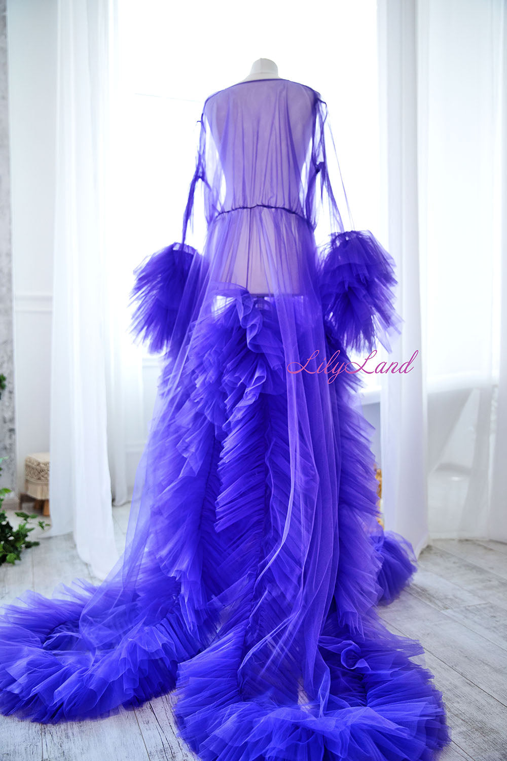 Robe for Maternity Photoshoot in Purple with Unusually Cut Train