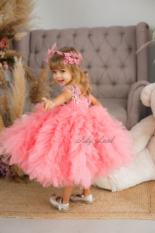 Lel Girl Ruffles Dress in Coral with Flower Lace