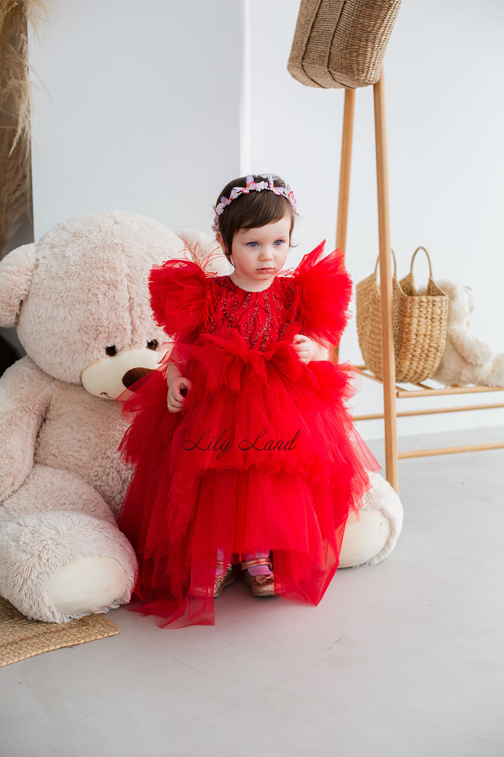 Vestido Kelly en color rojo con cola desmontable para bebés niñas pequeñas