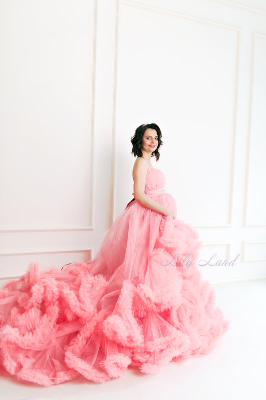 Maternity Dress in Coral with a Long Fluffy Train for Photoshoot