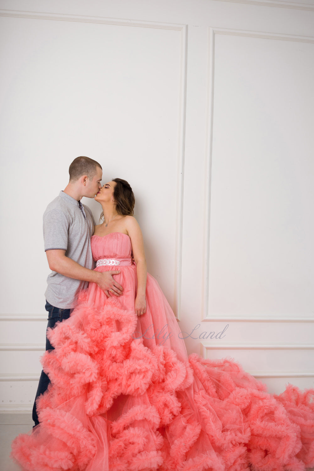 Maternity Dress in Coral with a Long Fluffy Train for Photoshoot