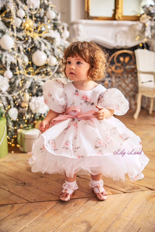 Liana Asymmetrical Girl Dress in White With Floral Print