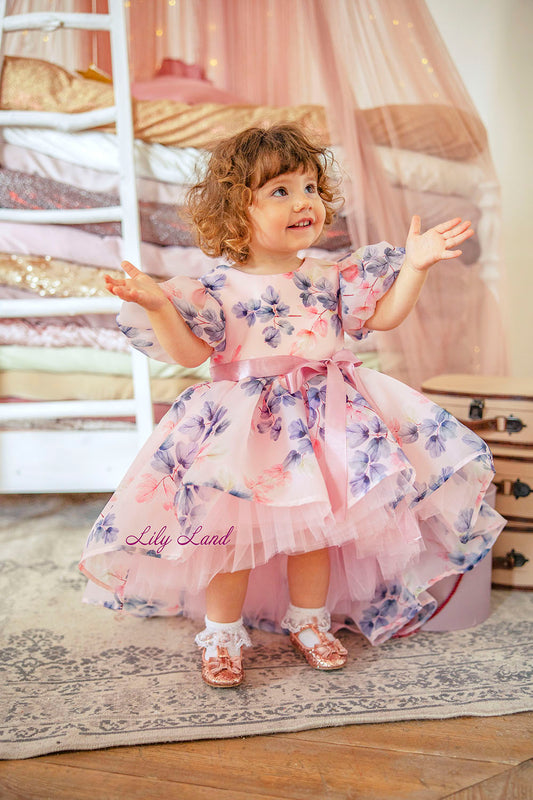 Liana Asymmetrical Girl Dress in Pink With Floral Print