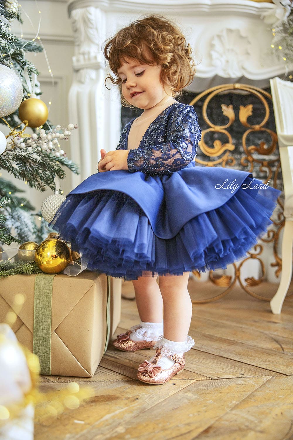 Angelina Vestido bebé niña Manga Larga Encaje Azul Royal