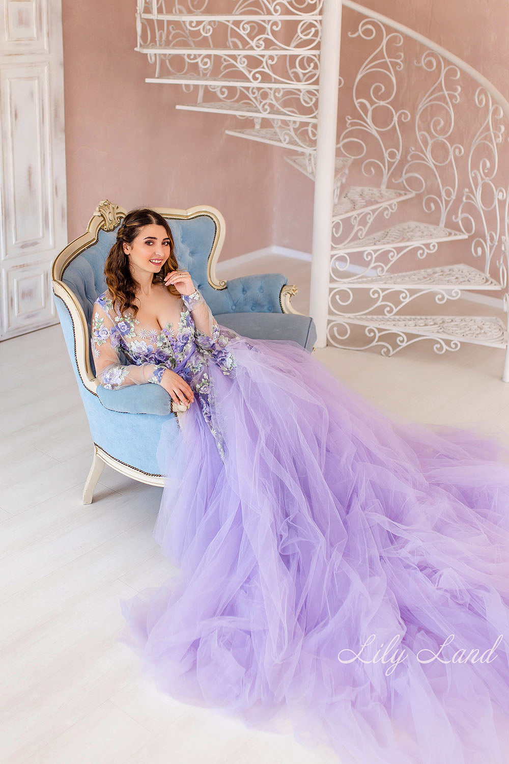 Maternity Dress in Lavender with Long Fluffy Train for Photoshoot