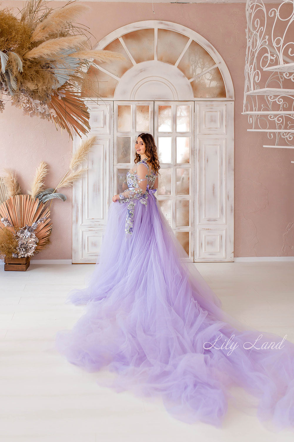 Maternity Dress in Lavender with Long Fluffy Train for Photoshoot