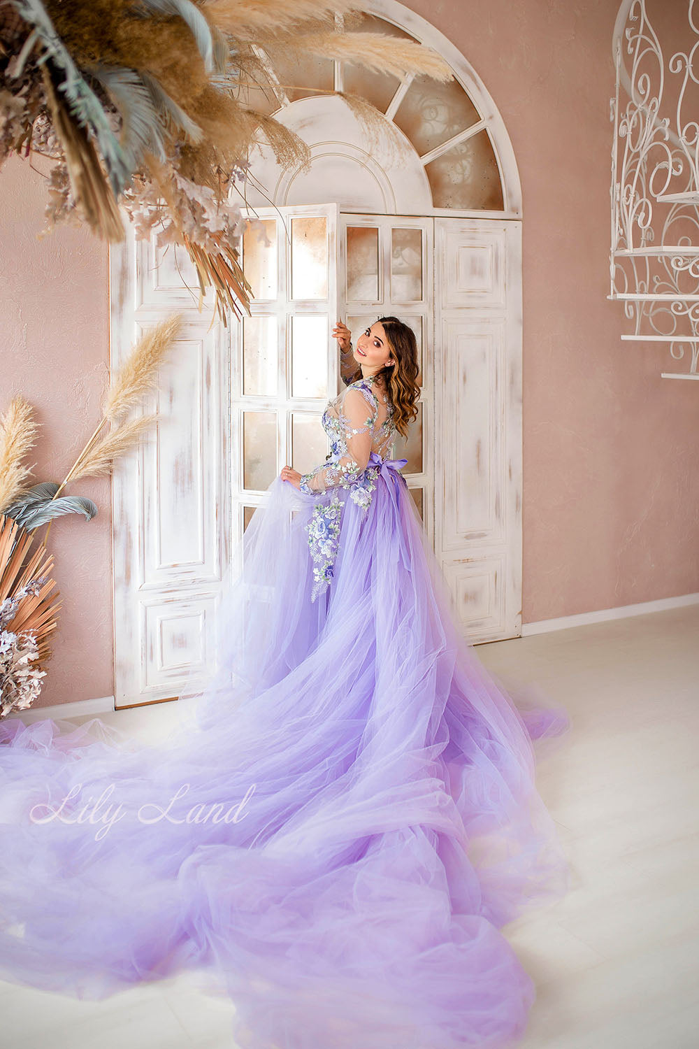 Maternity Dress in Lavender with Long Fluffy Train for Photoshoot