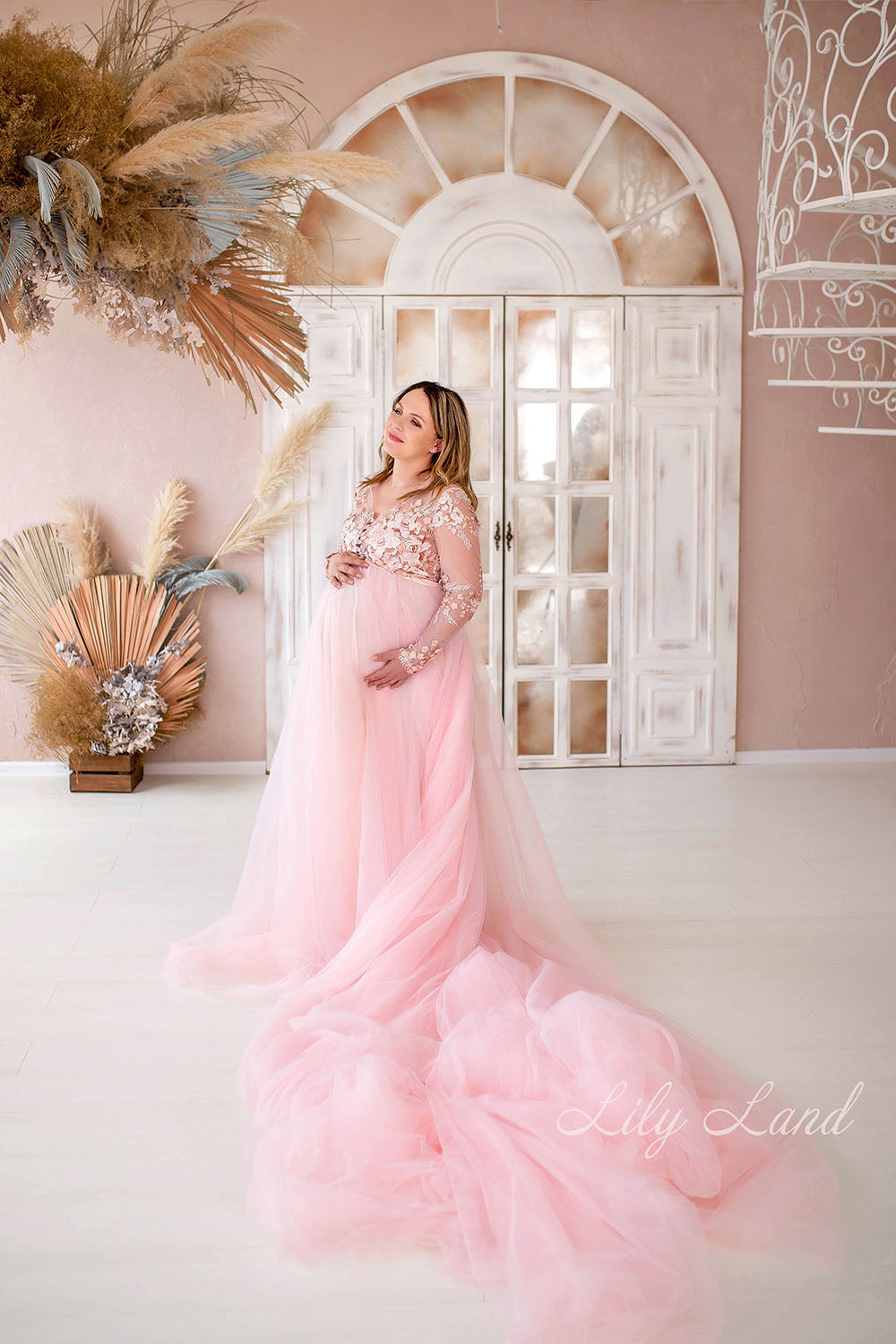 Maternity Dress in Pink with Long Fluffy Train for Photoshoot