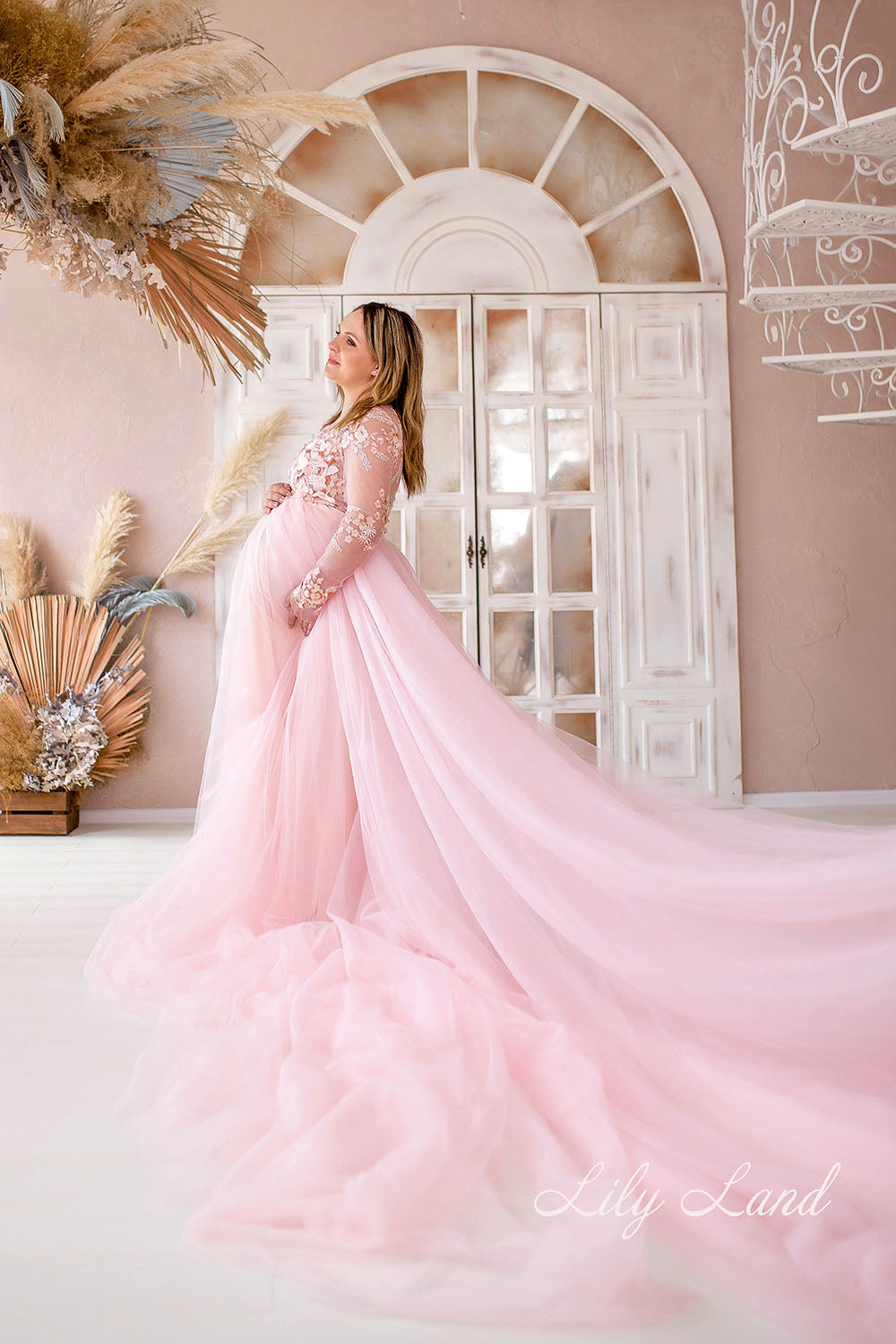 Maternity Dress in Pink with Long Fluffy Train for Photoshoot