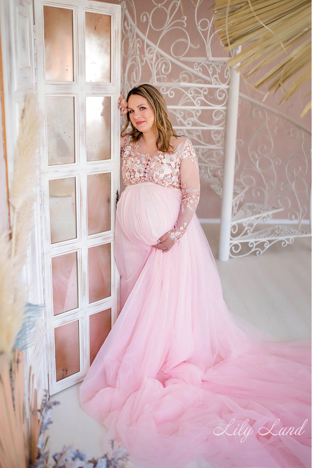 Maternity Dress in Pink with Long Fluffy Train for Photoshoot