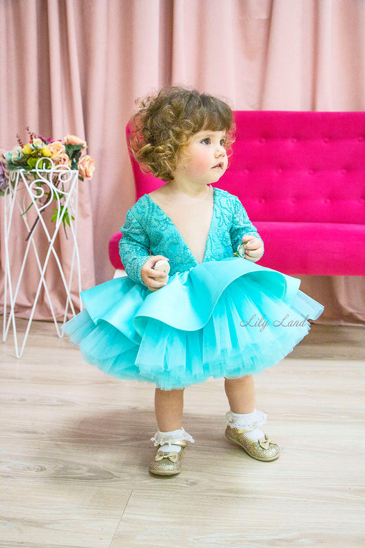 Angelina Lace Long Sleeve Baby Girl Dress in Tiffany