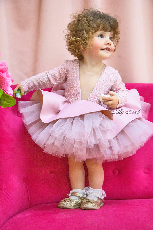 Angelina Lace Long Sleeve Baby Girl Dress in Tea-Rose