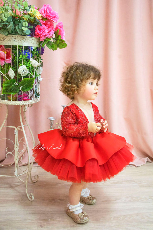 Angelina Lace Long Sleeve Baby Girl Dress in Red