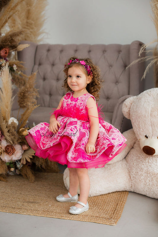 Shantilly Puffy Girl Dress in Fuchsia with Feathers and Guipure